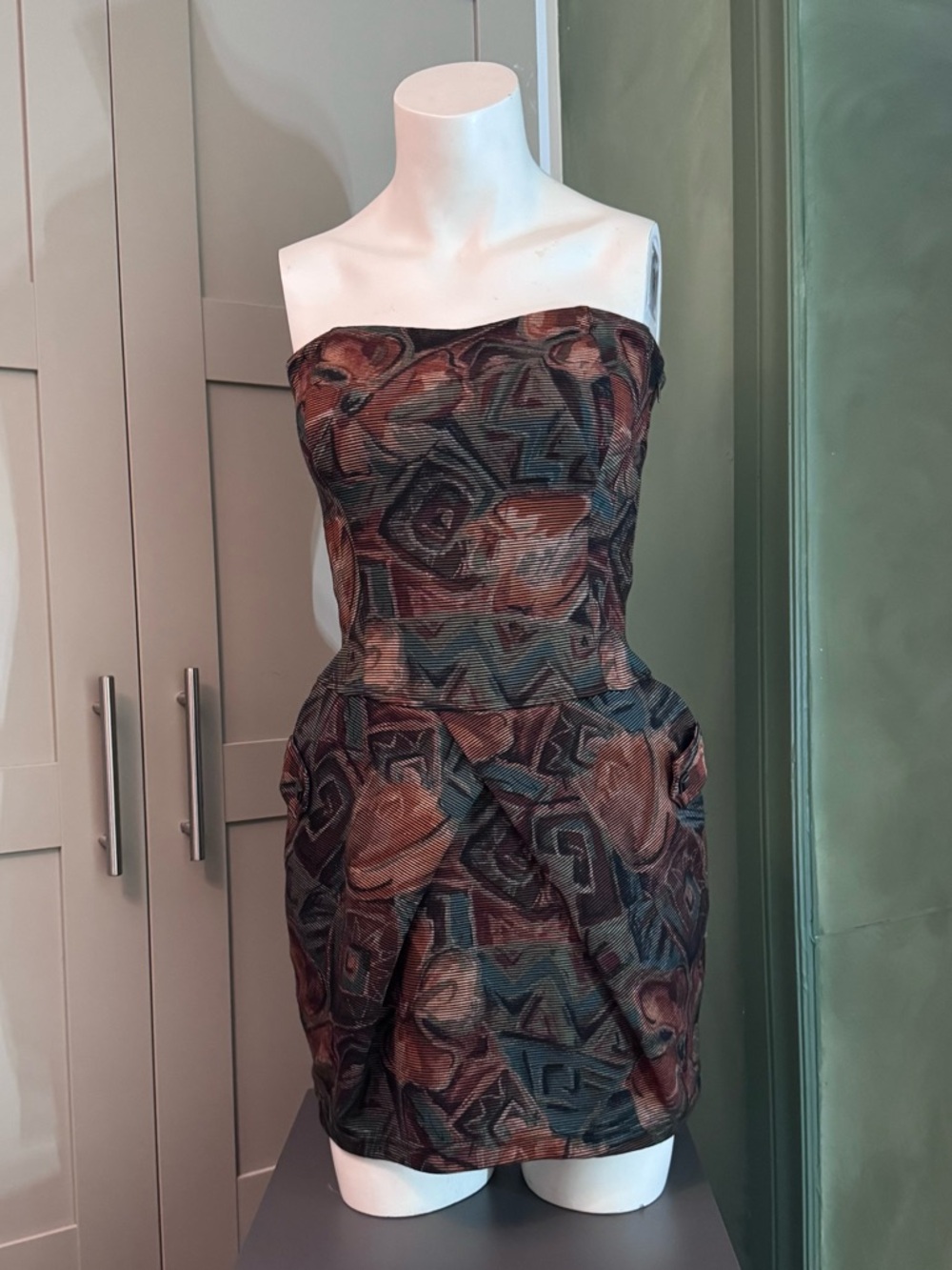 Strapless Patterned Cocktail Dress in Brown & Teal
